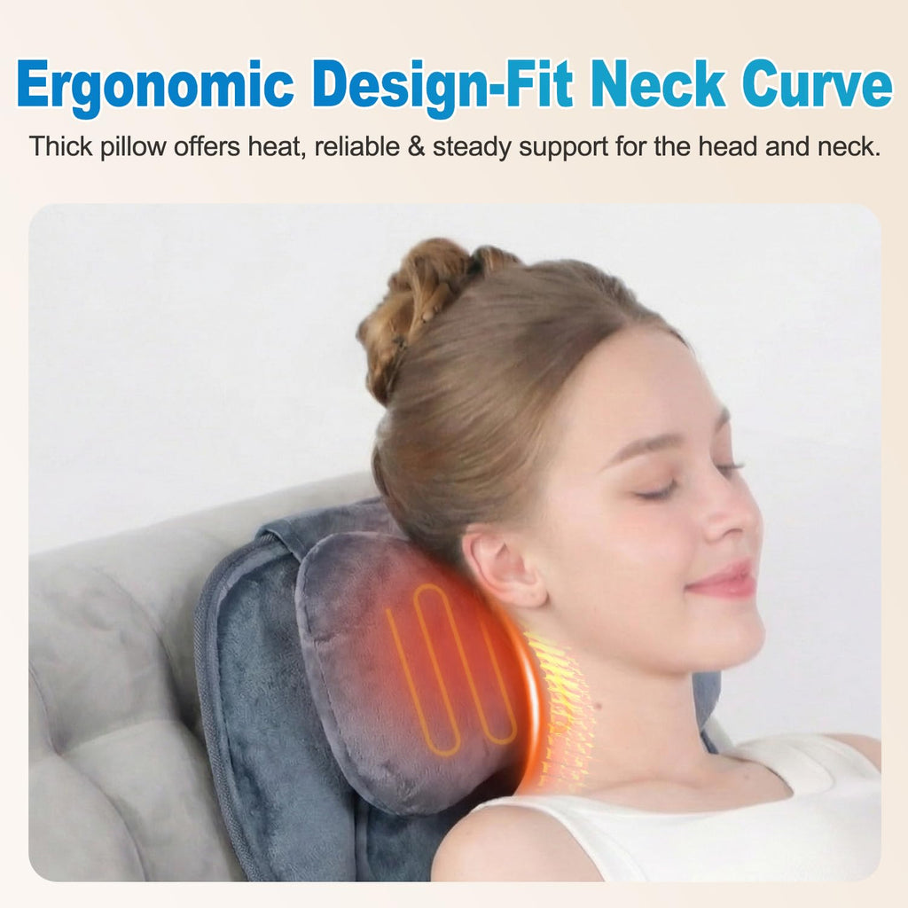 Back Massager with Heat, Full Body Massage Pad with Pillow Neck Support, Soft Plush Fabric Cover, Chair Massager with 3D Lumbar Truction and 8 Vibration Motors, Home Office Use