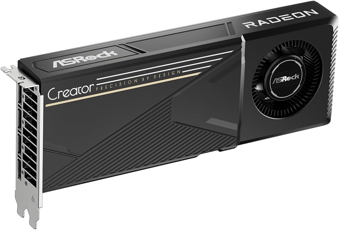 ASRock Radeon AI PRO R9700 Creator 32GB Professional Graphics Card, 2920 MHz Boost Clock, GDDR6, AMD RDNA 4, AI-Accelerators, DisplayPort 2.1a, PCIe 5.0, Blower Cooler