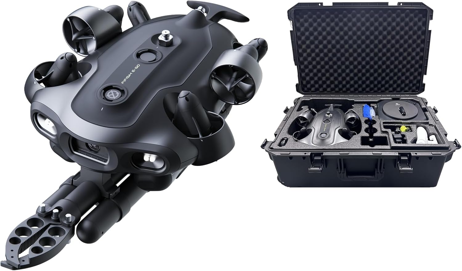 QYSEA FIFISH E-GO E200A Underwater Drone with Robotic Arm, 24/7 Continuous Operation with Energy Station, 10,000 Lumens Light, 1/1.8" CMOS 4K Camera, Extended Battery Pack, 128G Storage