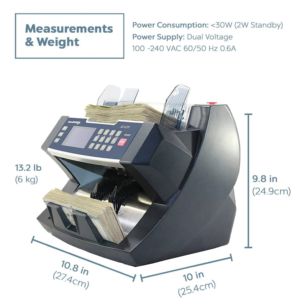 AccuBANKER AB4200MGUV Bill Counter Machine, 300 Bills Hopper Capacity Variable Counting Speeds up to 1,800 Bills/Min with 3-Point Counterfeit Detector Magnetic Ultraviolet, Commercial Grade, UL & CE