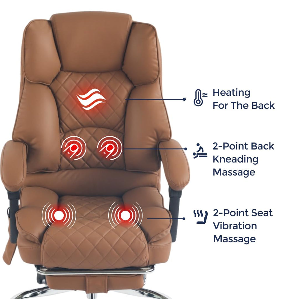 Ergonix Massage Office Chair with 2-Point Kneading & Heat | Reclining Ergonomic Executive Desk Chair | Adjustable Height Footrest Lumbar Support | 500 lbs Capacity | Dark Brown Leather