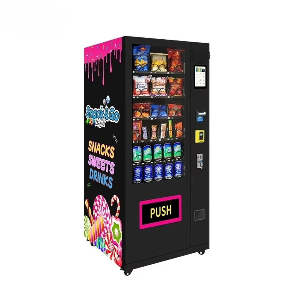 Automated vending machine for snacks, beverages, coffee, and soda; refrigerated vending machine with touch card reader, accepts banknotes/coins, adjustable coin slot; suitable for offices and schools.