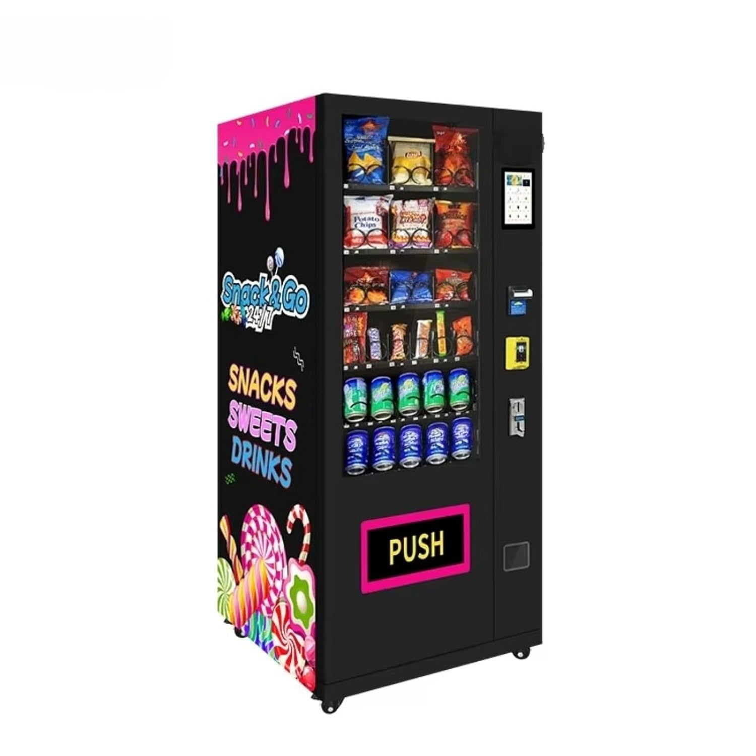 Automated vending machine for snacks, beverages, coffee, and soda; refrigerated vending machine with touch card reader, accepts banknotes/coins, adjustable coin slot; suitable for offices and schools.