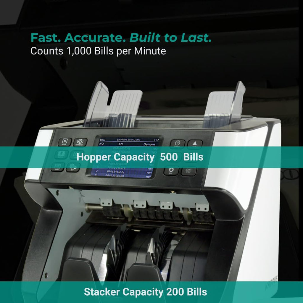 Pro 6500 Money Counter Machine Mixed Denominations, Professional Value Counting, Counterfeit Detector, Serial Number Reader, Fast & Accurate Cash Counter with 2 Year Warranty