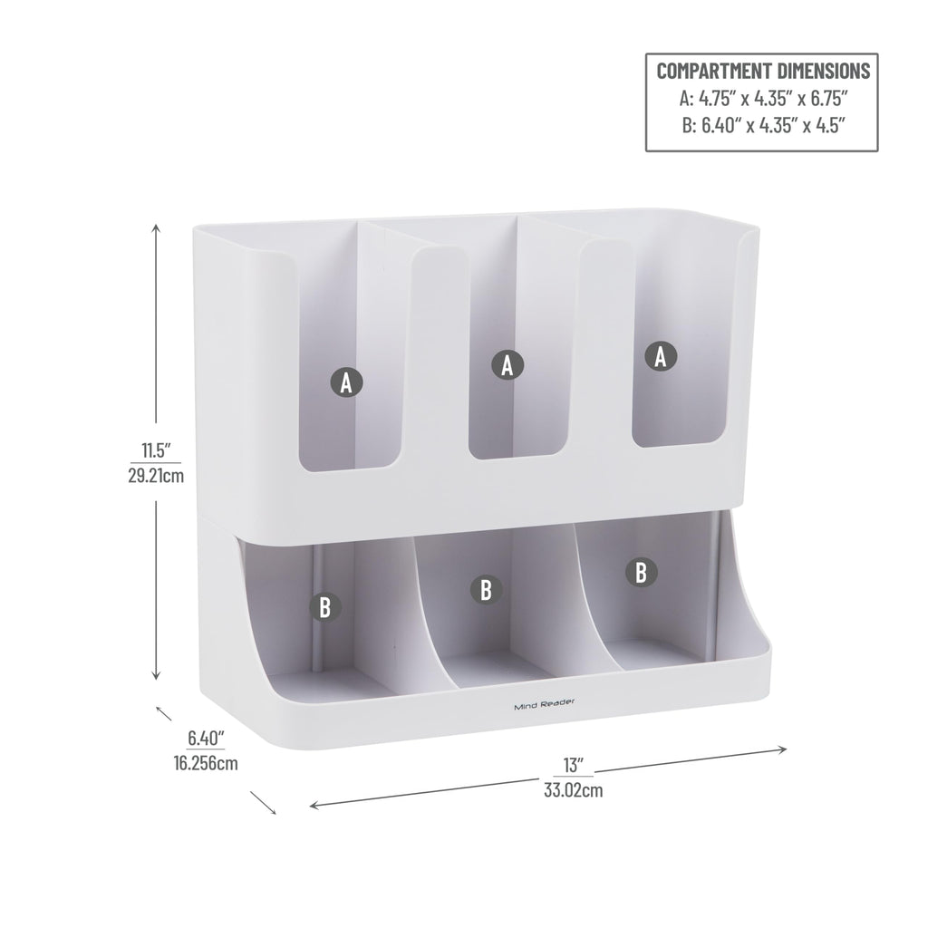 Mind Reader Condiment Station, 13 Inch Countertop Coffee Bar Organizer with 6 Compartments, Storage Caddy for Cups, Lids and Packets, Plastic, Black