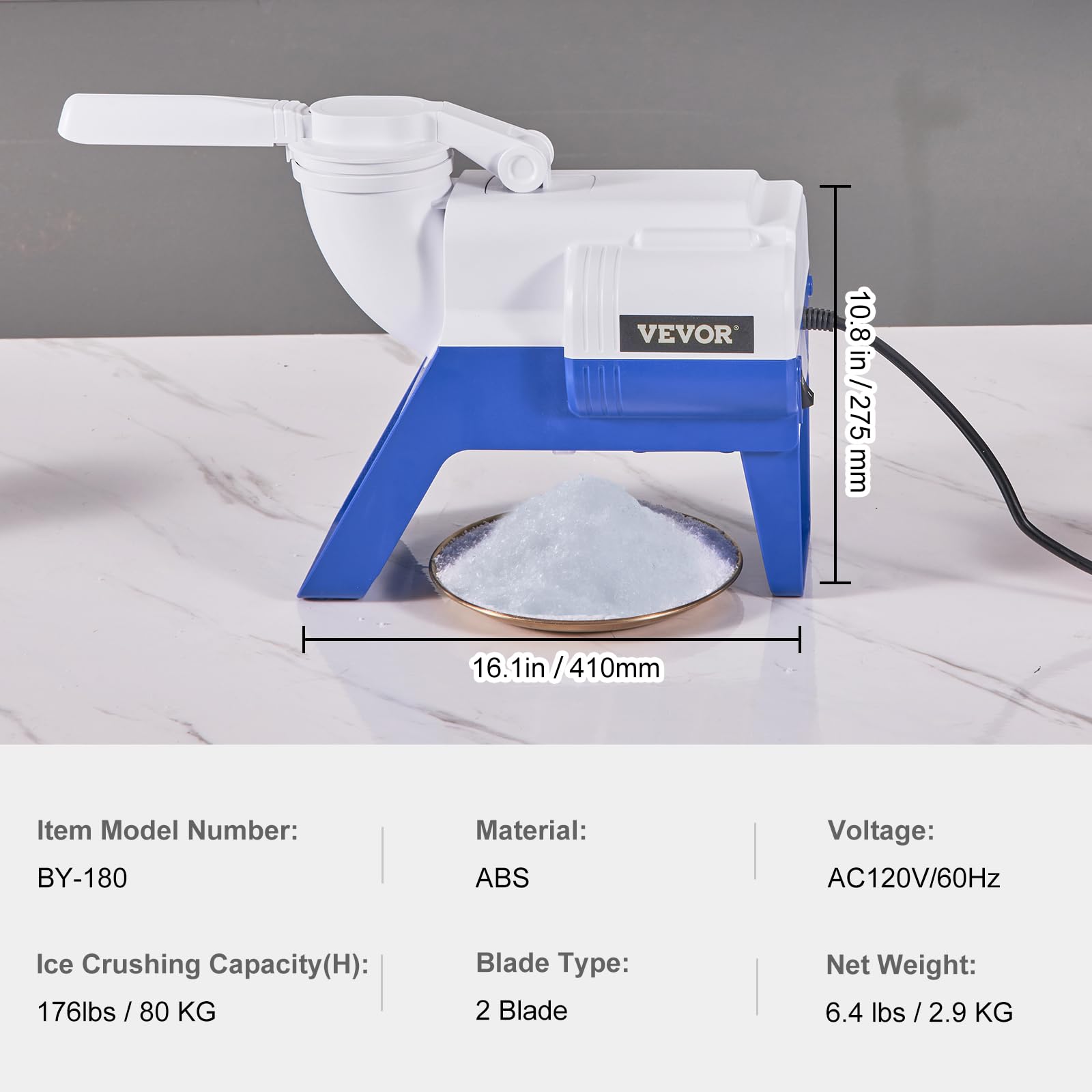 VEVOR Snowflake Ice Machine, 176LBS/24H Snowflake Ice Maker, Ice-Shaver Machine with Stainless Steel Blade, Electric Snow Cone Maker with 0.48Gal Tank, 90S Fast Pre-Cooling, for Home & Small Gathering