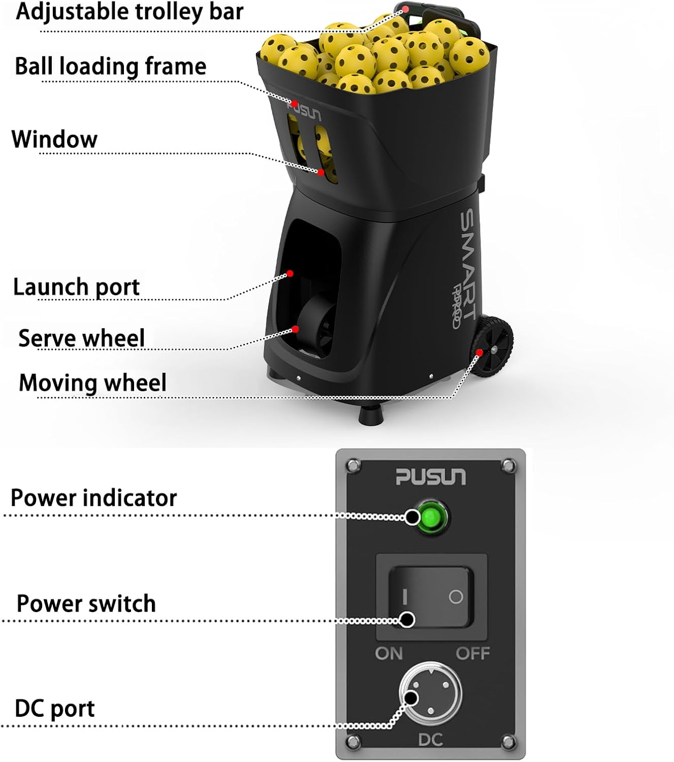 PP SMART PRO Pickleball Machine, Professional Automatic Ball Launcher with App & Remote Control, 80+ Ball Capacity, Adjustable Speed/Spin/Frequency, Portable for All Skill Levels (Black)