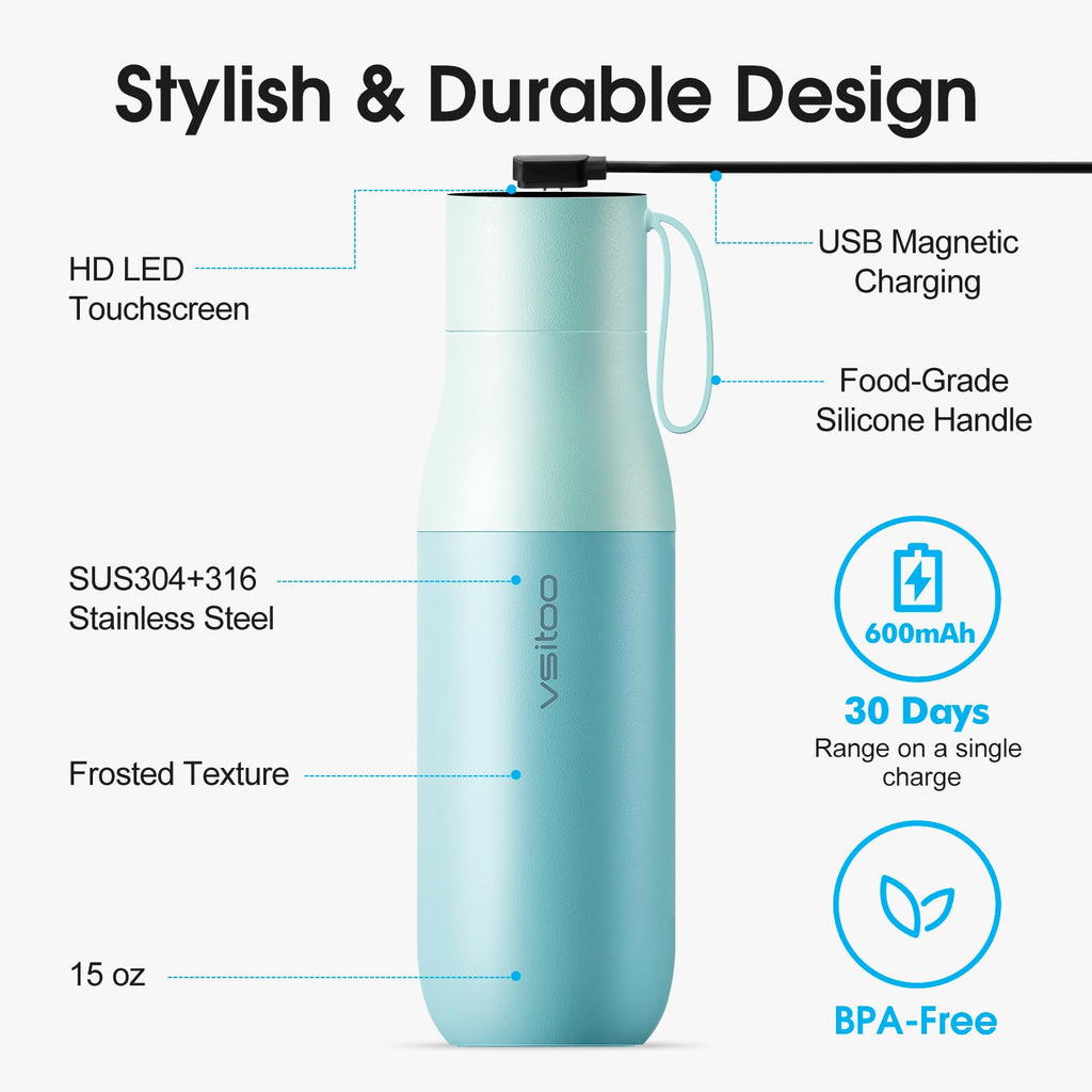 VSITOO 15oz Mini Smart Water Bottle，Self-Cleaning Insulated Bottle, Small Thermoses with AI, App & Touchscreen, Perfect Purse Water Bottle for Travel, Gym & Office, Pink