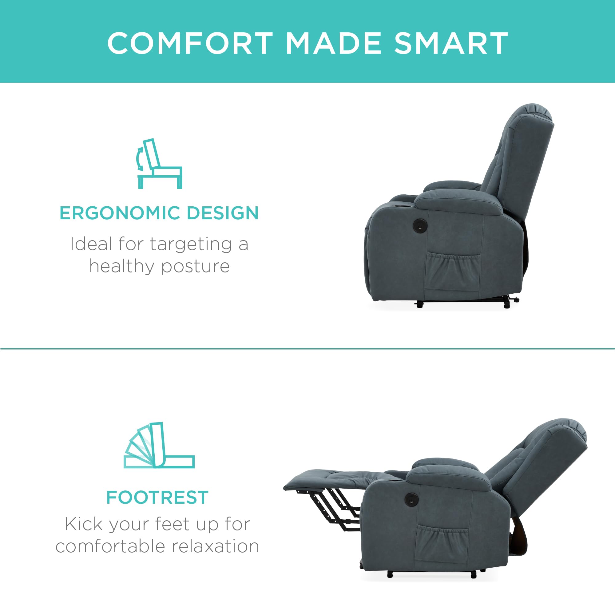 Best Choice Products PU Leather Electric Power Lift Chair, Recliner Massage Chair, Adjustable Furniture for Back, Legs w/ 3 Positions, USB Port, Heat, Cupholders, Easy-to-Reach Side Button - Olive
