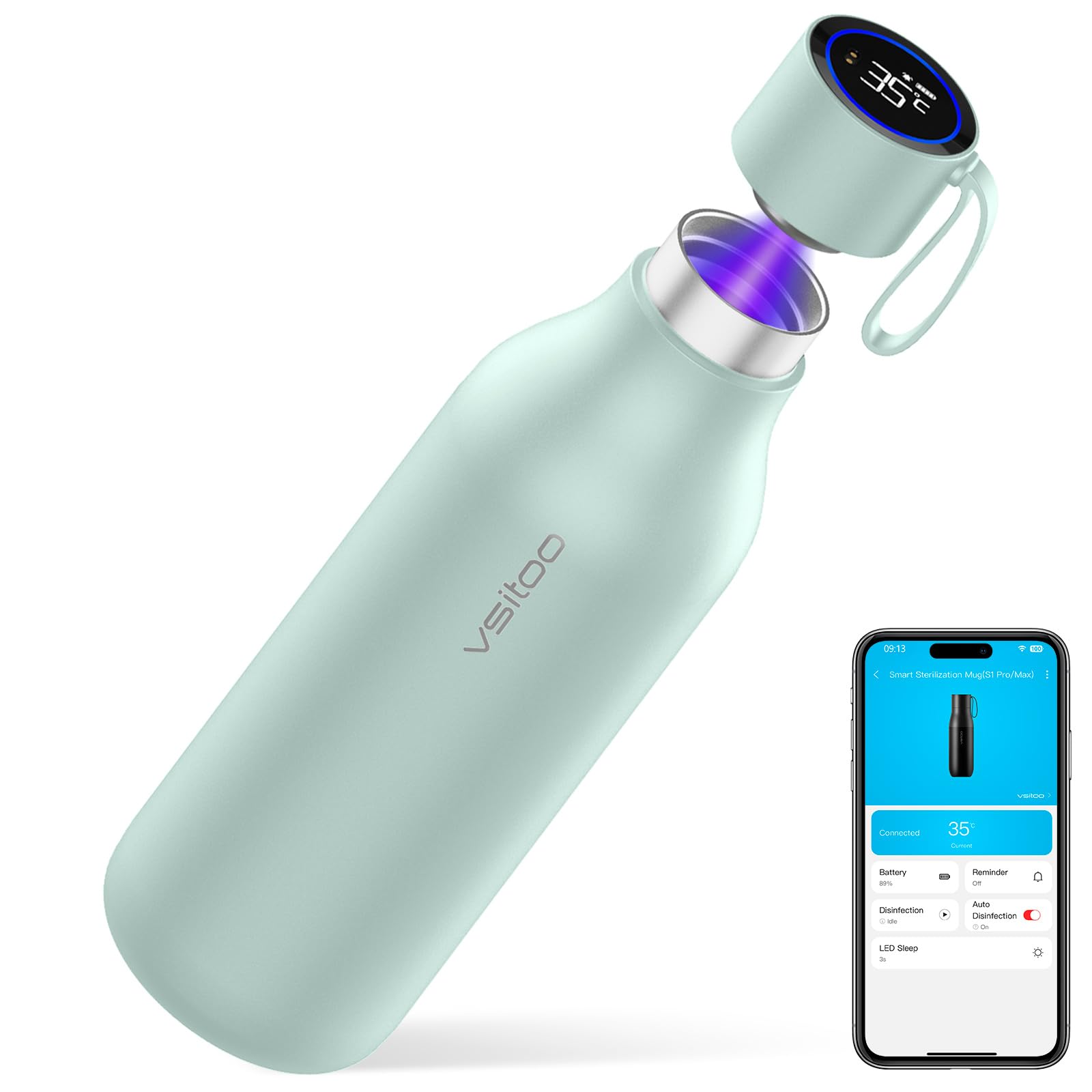 VSITOO 33oz Smart Self-Cleaning Water Bottle，Large Insulated Stainless Steel Bottle with AI Self-Clean, 30-Day Battery & Magnetic Charging for Outdoor Travel, Gym or Office, Pink