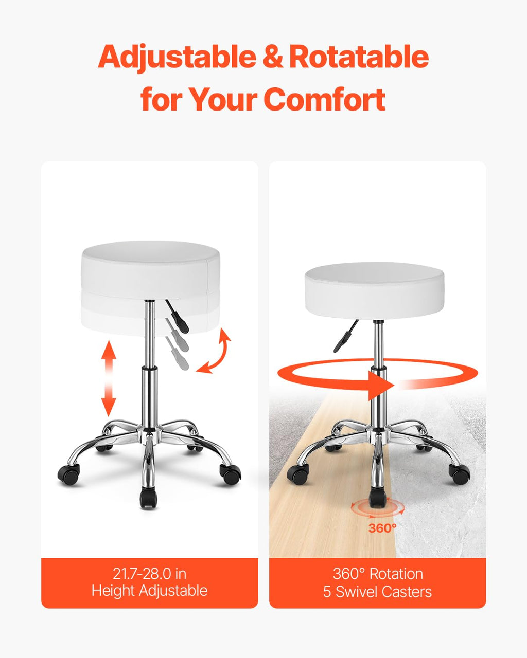 VEVOR Rolling Stools with Wheels, 400 LBS Weight Capacity Adjustable Height Stool with Ultra-Thick Seat Cushion, Swivel Stools Chair for Salon, Bar, Home, Office, Tatoo, Medical, Massage, Black