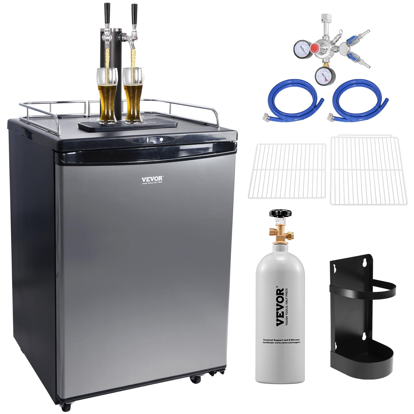 VEVOR Beer Kegerator, Dual Tap Commercial Draft Beer Dispenser for D system, Full Size Keg Refrigerator with 5lbs CO2 Tank, Hold 2 Sixth / 2 Ball lock keg, Black