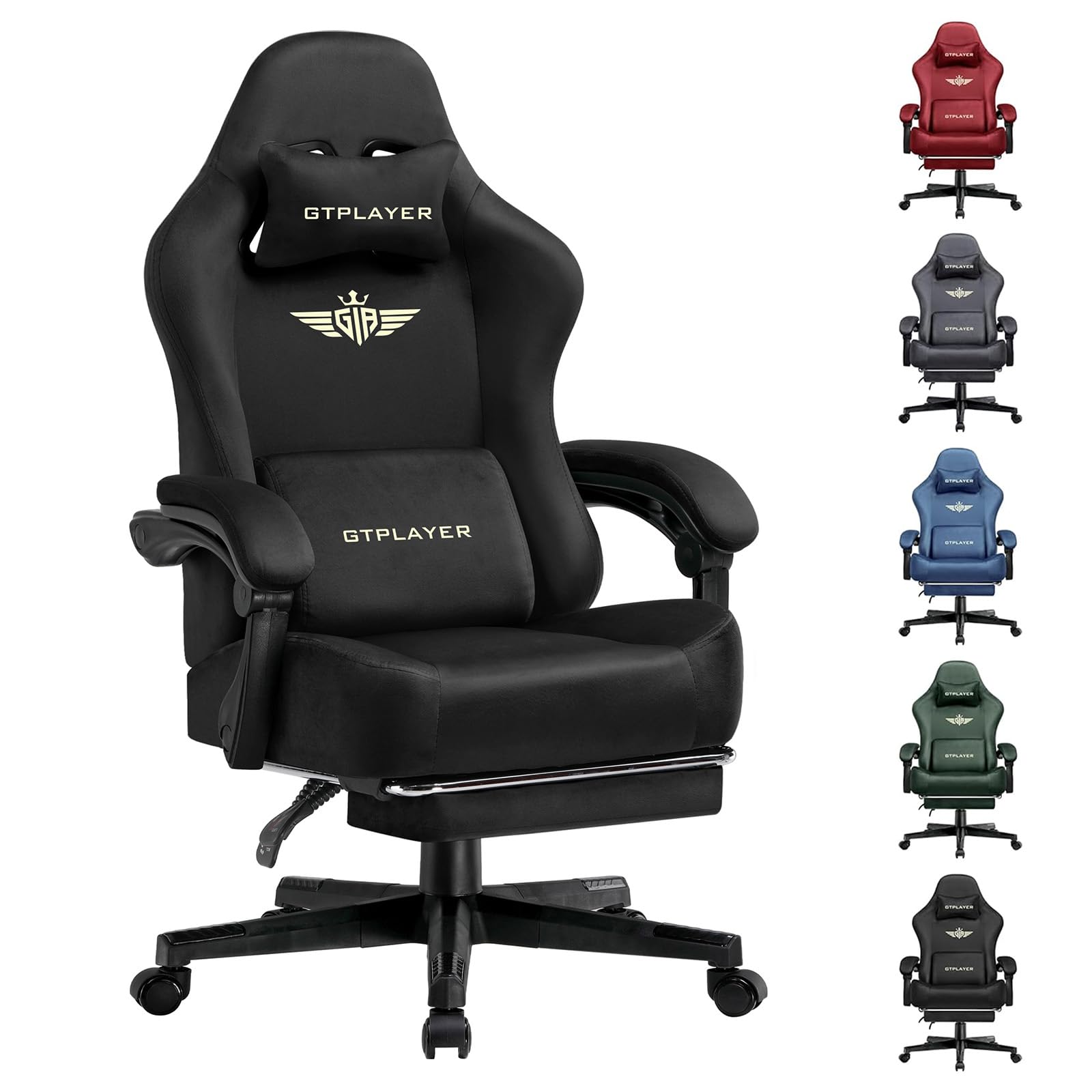 GTPLAYER Gaming Chair with Pocket Spring Cushion, Big and Tall Gamings Chairs 350LBS High Back Computer Chair with Footrest for Adults Lumbar Support Swivel Game Chair for Office,Leather Black-Massage