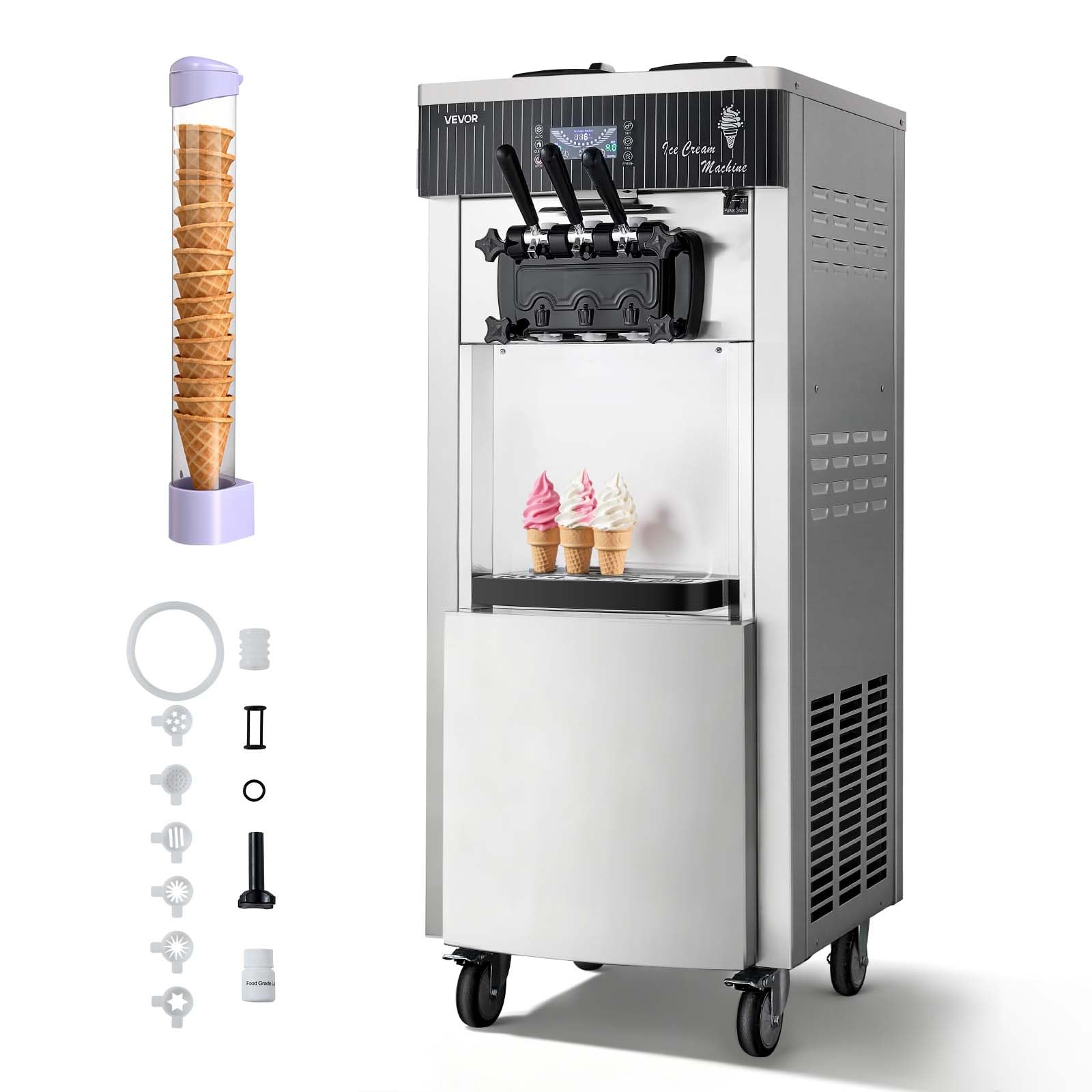 VEVOR Commercial Ice Cream Machine, 21 QT/H Soft Serve Ice Cream Maker with LCD Panel Auto Clean 3-Flavor Pre-cooling for Restaurant Snack Bar