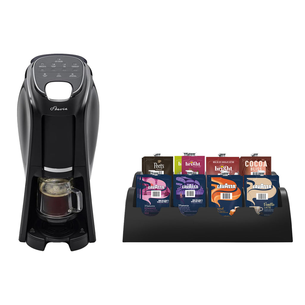 Flavia Aroma Brewer Bundle with 84 Freshpacks and 1 Merchandiser - Coffee Machine, Makes Coffee, Lattes, Tea, and other Hot or Iced Beverages, Multiple Brew Sizes, Black, Works ONLY with Freshpacks