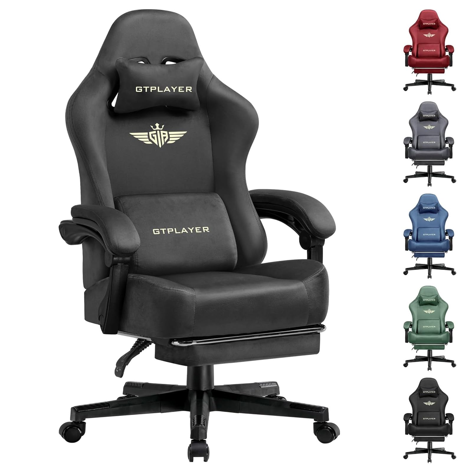 GTPLAYER Gaming Chair with Pocket Spring Cushion, Big and Tall Gamings Chairs 350LBS High Back Computer Chair with Footrest for Adults Lumbar Support Swivel Game Chair for Office,Leather Black-Massage