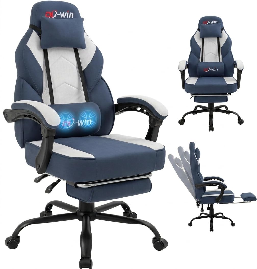 Shintenchi Big and Tall Gaming Chair Fabric Pocket Spring Cushion,High Back Recliner with Footrest and Headrest for Adults, Massage Lumbar Support for Home Office, Ergonomic Computer Desk Chair, Blue