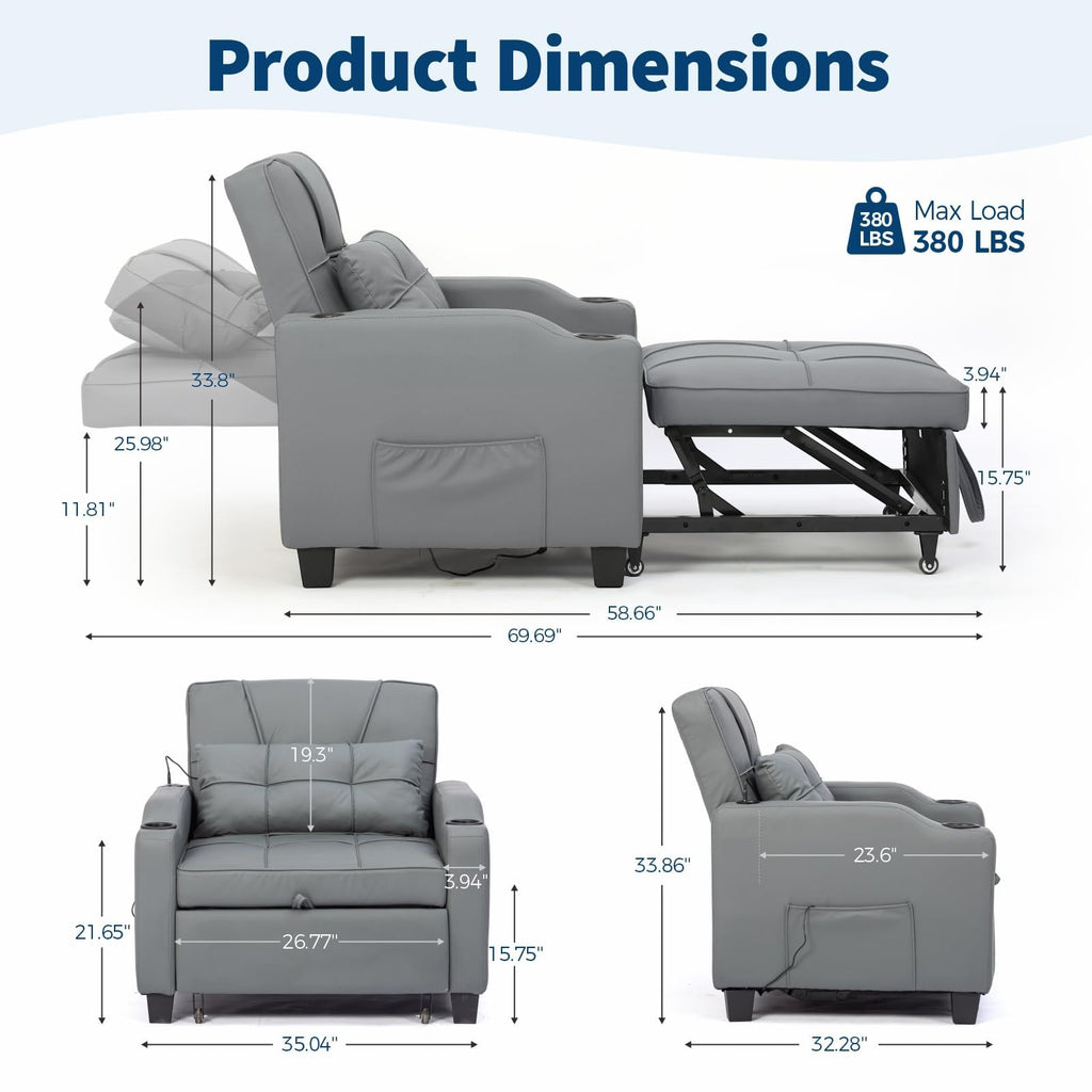 Sleeper Chair Pull Out Bed, 4 in 1 Convertible Sofa Chair Bed with Vibration Massage Lumbar Pillow, Single Sofa Recliner with USB/Type-C Port, Cup Holders and Side Pocket for Small Spaces (Brown)