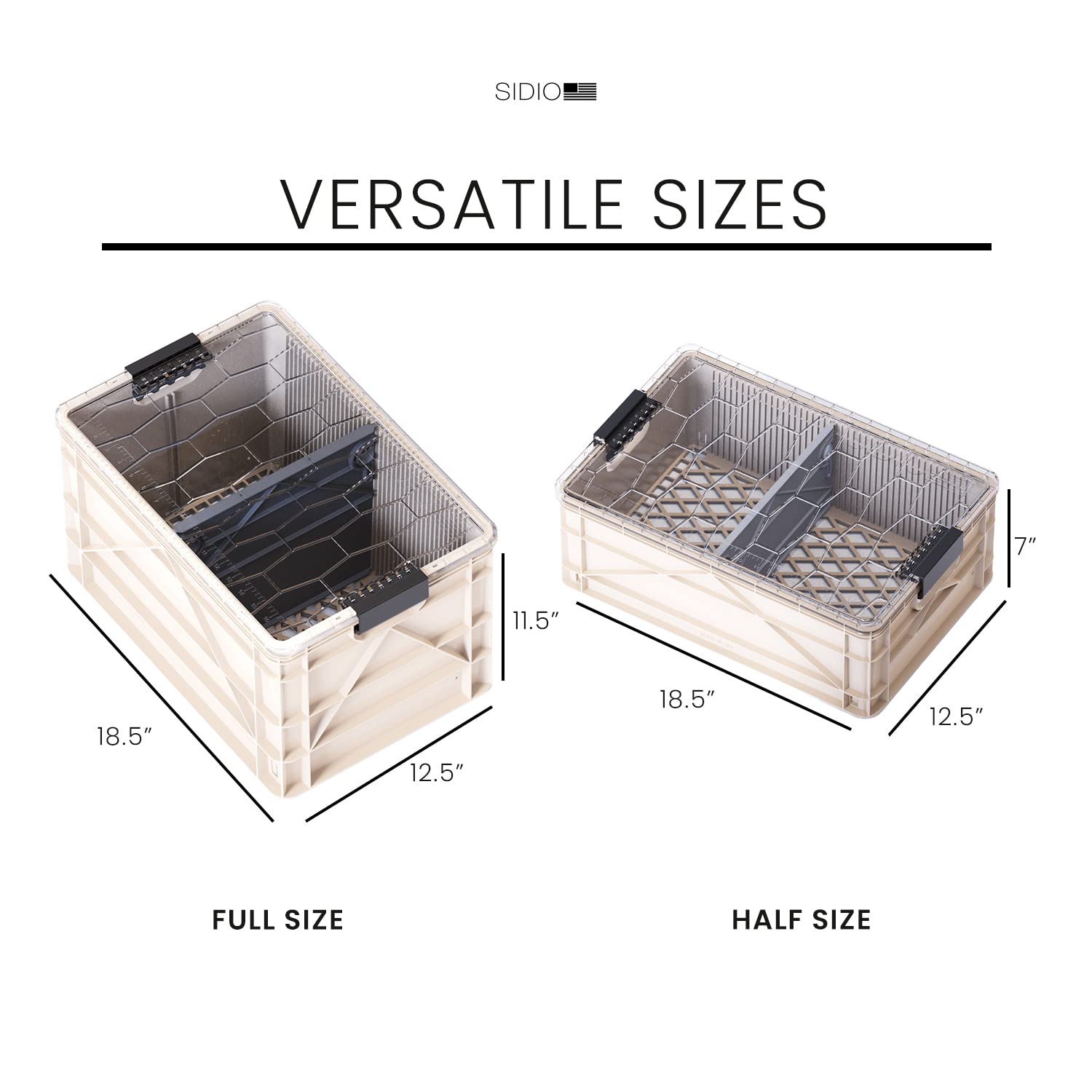SIDIO CRATE Starter Pack - Two Full Size and One Half Size SidioCrate, Stackable Outdoor Organizer Storage Bins with Clear Lid and Dividers - Tan