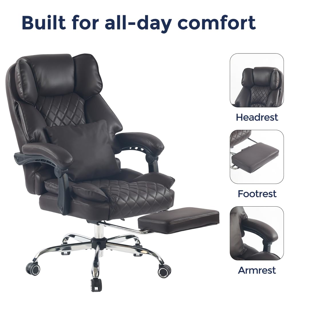 Ergonix Massage Office Chair with 2-Point Kneading & Heat | Reclining Ergonomic Executive Desk Chair | Adjustable Height Footrest Lumbar Support | 500 lbs Capacity | Dark Brown Leather