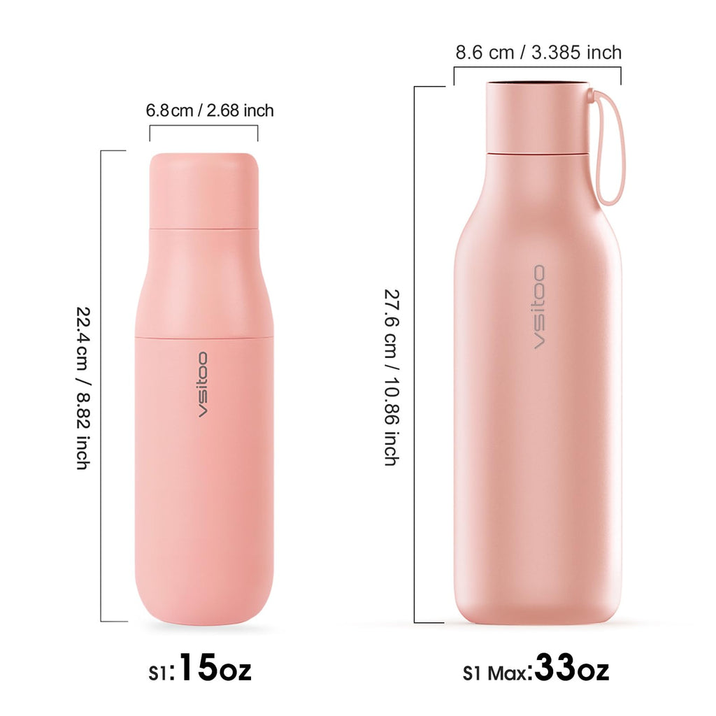 VSITOO 15oz Mini Smart Water Bottle，Self-Cleaning Insulated Bottle, Small Thermoses with AI, App & Touchscreen, Perfect Purse Water Bottle for Travel, Gym & Office, Pink