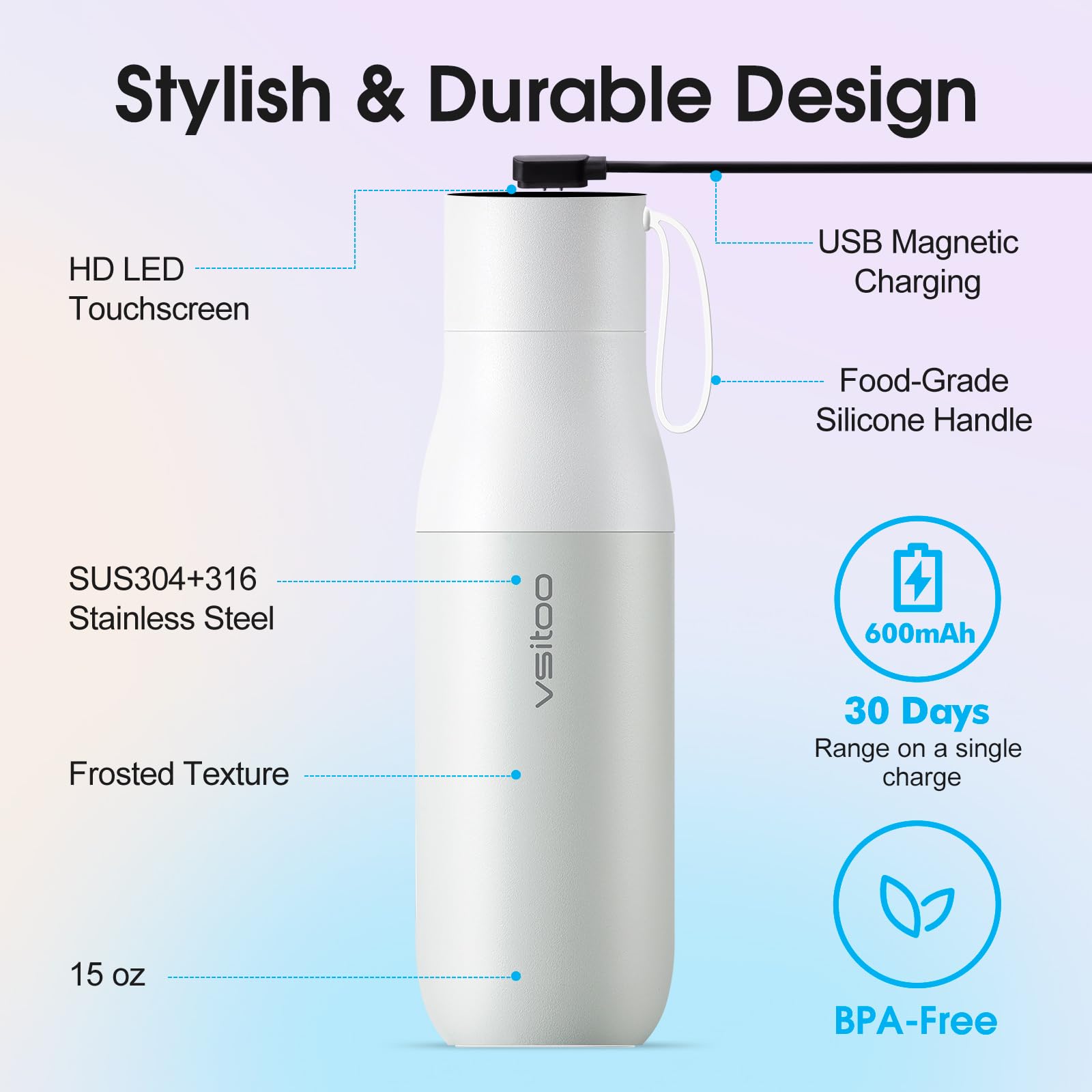 VSITOO 15oz Mini Smart Water Bottle，Self-Cleaning Insulated Bottle, Small Thermoses with AI, App & Touchscreen, Perfect Purse Water Bottle for Travel, Gym & Office, Pink