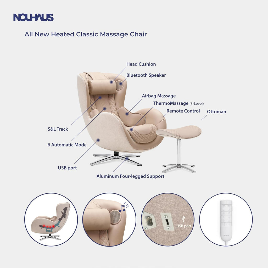 Nouhaus Classic Massage Chair with Ottoman – Caramel Leather Recliner with Percussive Shiatsu Massager, Built-in Speaker & Full Body Spot Massage – Ultimate Comfort for Home & Office