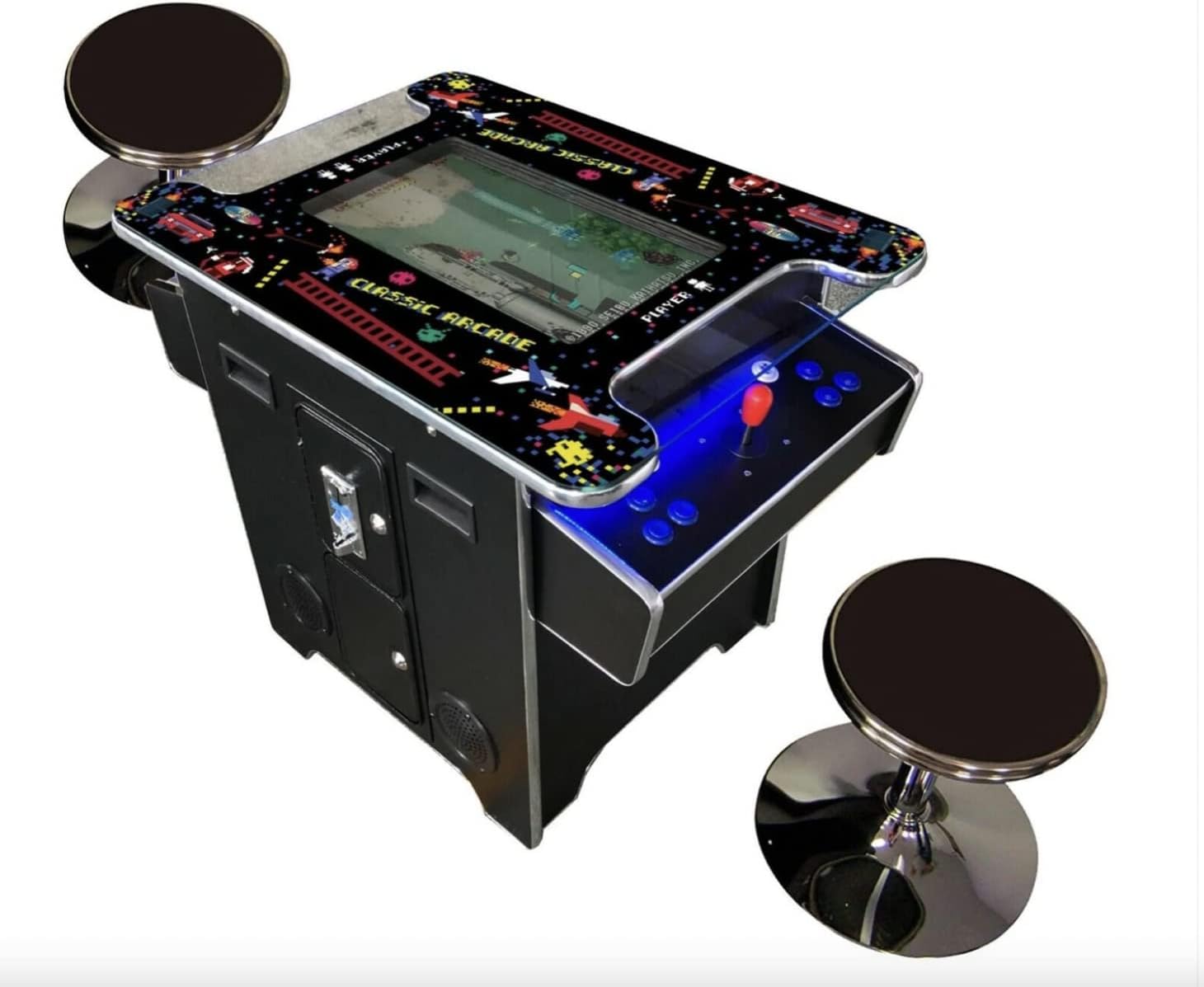 TOP US VIDEO ARCADES Full Size Commercial Grade Cocktail Arcade Machine 2 Player Retro 412 Games 22" LCD Screen Tempered Glass 2 Stools Included 5 Year Warranty Black