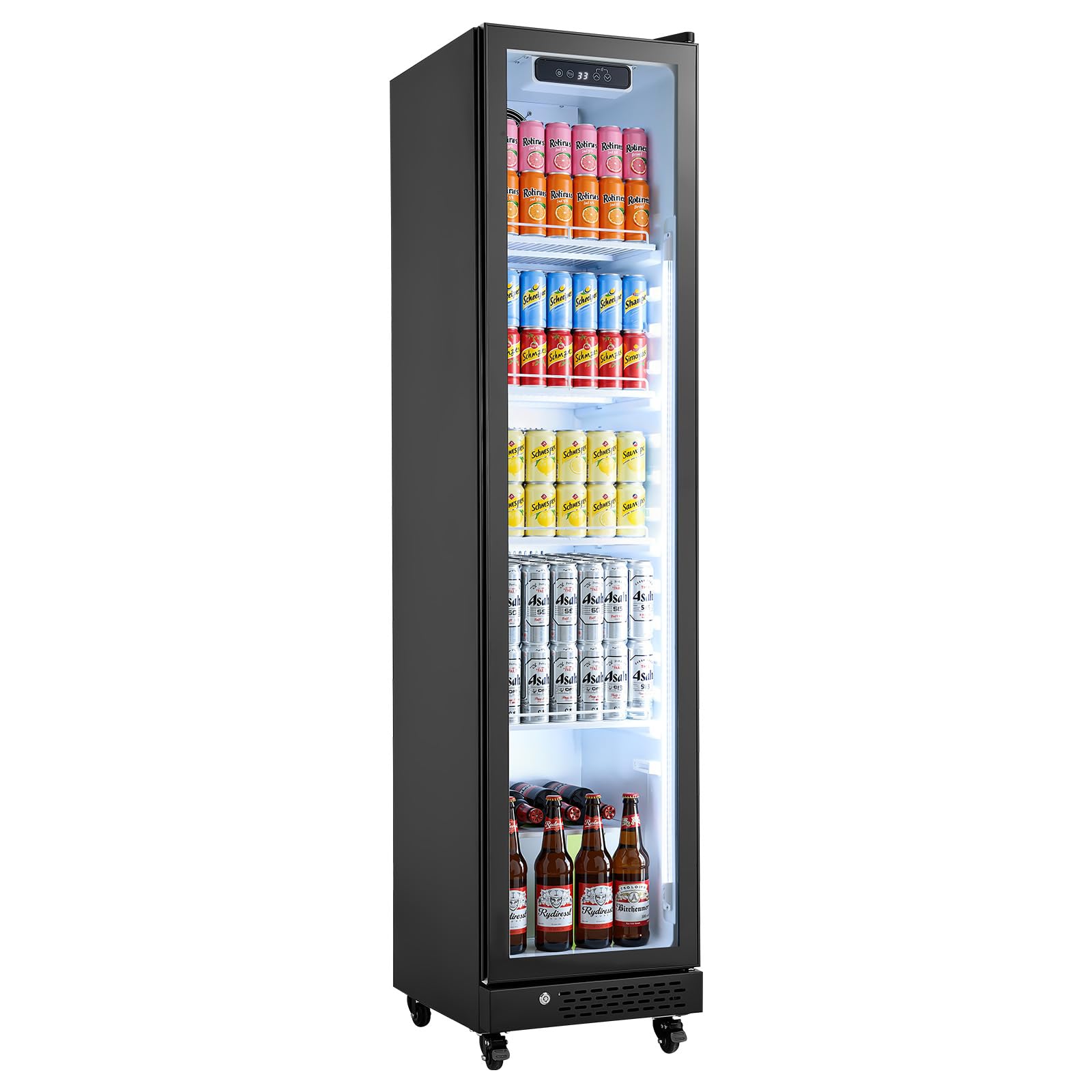 VEVOR Commercial Merchandiser Refrigerator, 6.9 Cu.Ft / 195L Glass Door Display Refrigerator, Upright Beverage Cooler Fridge with 4 Adjustable Shelves, Soft LED Light & Casters for Homes Shops Bars