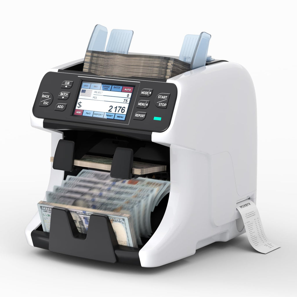 MUNBYN 2-Pocket Money Counter Machine Mixed Denomination, Money Sorter, Built-in Printer, Sort on DENOM/FACE/ORI, Value Counting, 2 CIS/UV/MG/IR Counterfeit Detection, Touch Screen, 2Y Protection