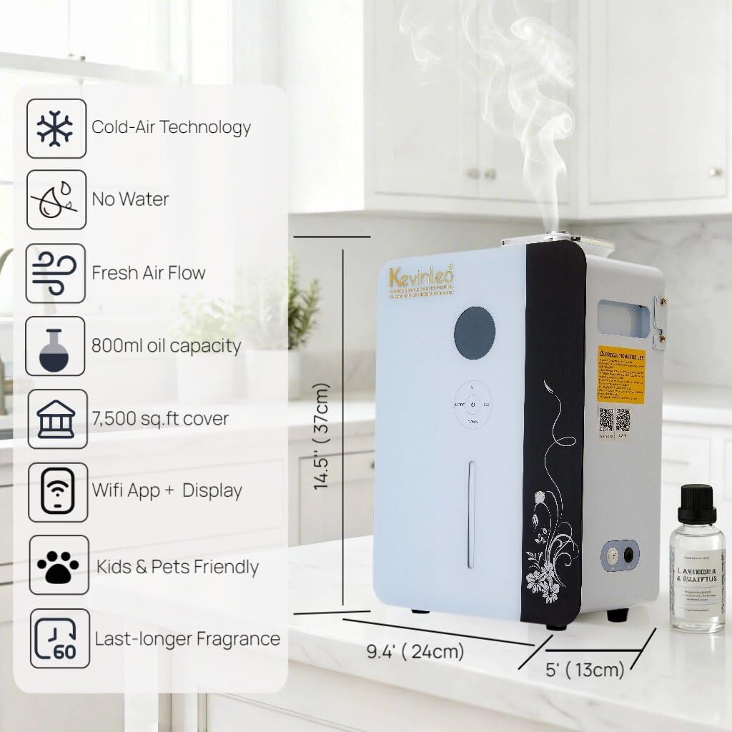 Kevinleo Scent Diffuser Machine – 7,500 Sq.Ft Waterless Cold-Air Technology, WiFi & App Control, HVAC Connect & Standalone, 800ml Essential Oil Diffuser for Office, Hotel, Home Gym, Commercial Use