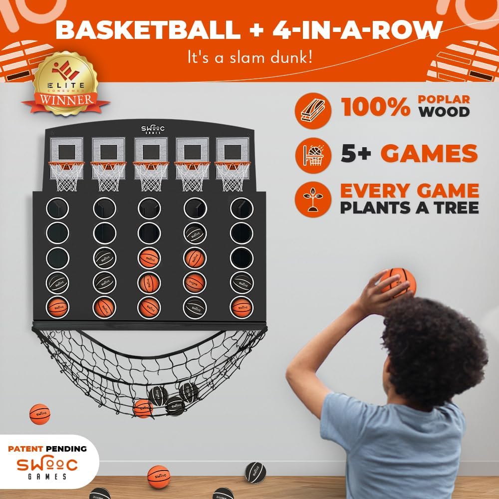 Swooc Games - Low Post Lineup™ | Wall Mounted Giant Basketball 4 In A Row w/ 5+ Games | Basketball Hoop For Room Wall Games | Game Room Games | Mini Basketball Hoop Indoor Connect | Four In A Row Game