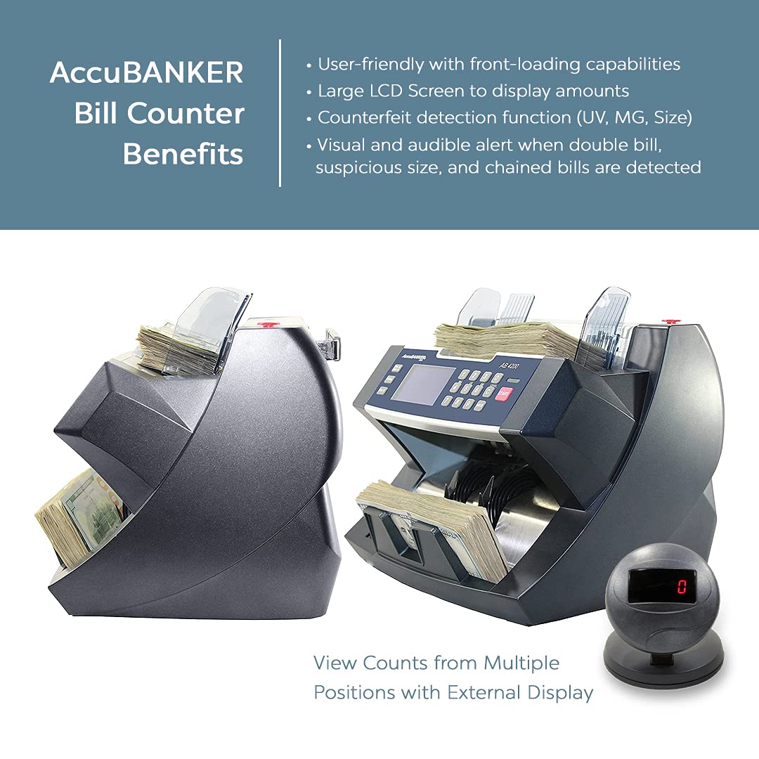 AccuBANKER AB4200MGUV Bill Counter Machine, 300 Bills Hopper Capacity Variable Counting Speeds up to 1,800 Bills/Min with 3-Point Counterfeit Detector Magnetic Ultraviolet, Commercial Grade, UL & CE