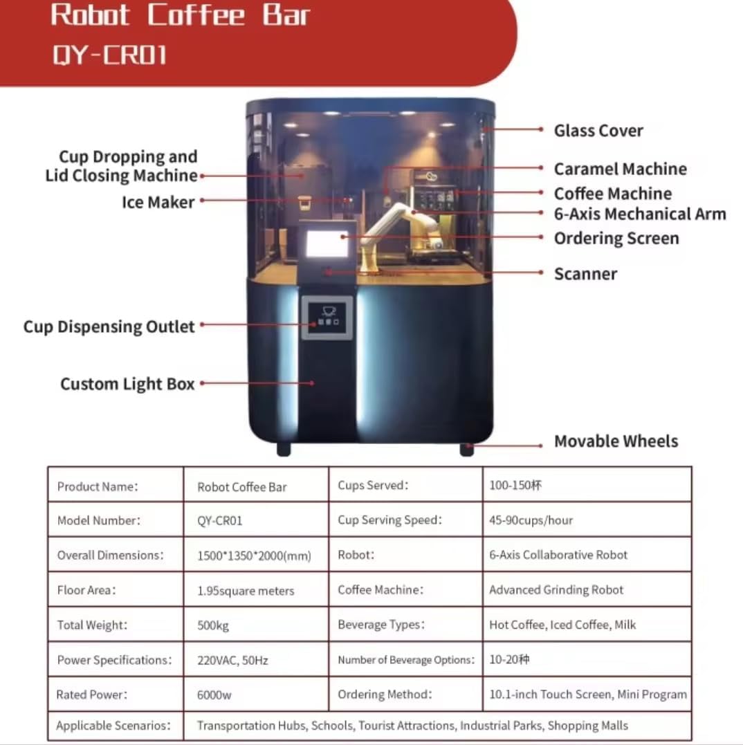 Automated Robotic Coffee Kiosk, Commercial Barista Machine with Touch Display, LED Lighting, Mobile Design