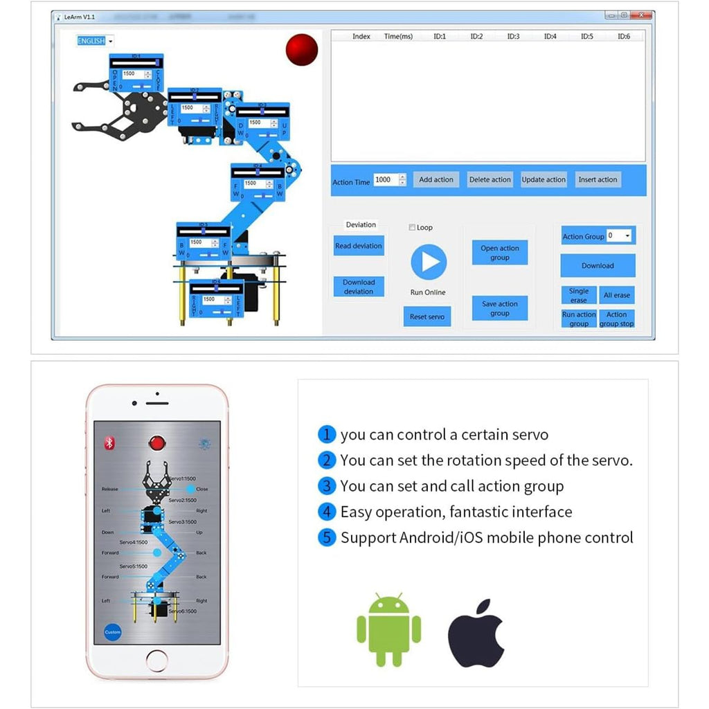 Robotic Arm Kit 6DOF Programming Robot Arm with 6 Servos, Handle, Mechanical Claw, etc, PC Software APP Control with Tutorial for Arduino STEM Education & Engineering Science Kits, LeArm Open Source