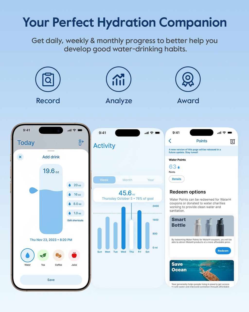 BOOST Smart Water Bottle that Reminds You to Drink, 24oz BPA-Free Stainless Steel Vacuum Insulated, Wide Mouth Water Tracker Bottle with APP for School, Gym, Office, Ideal for Father's Day