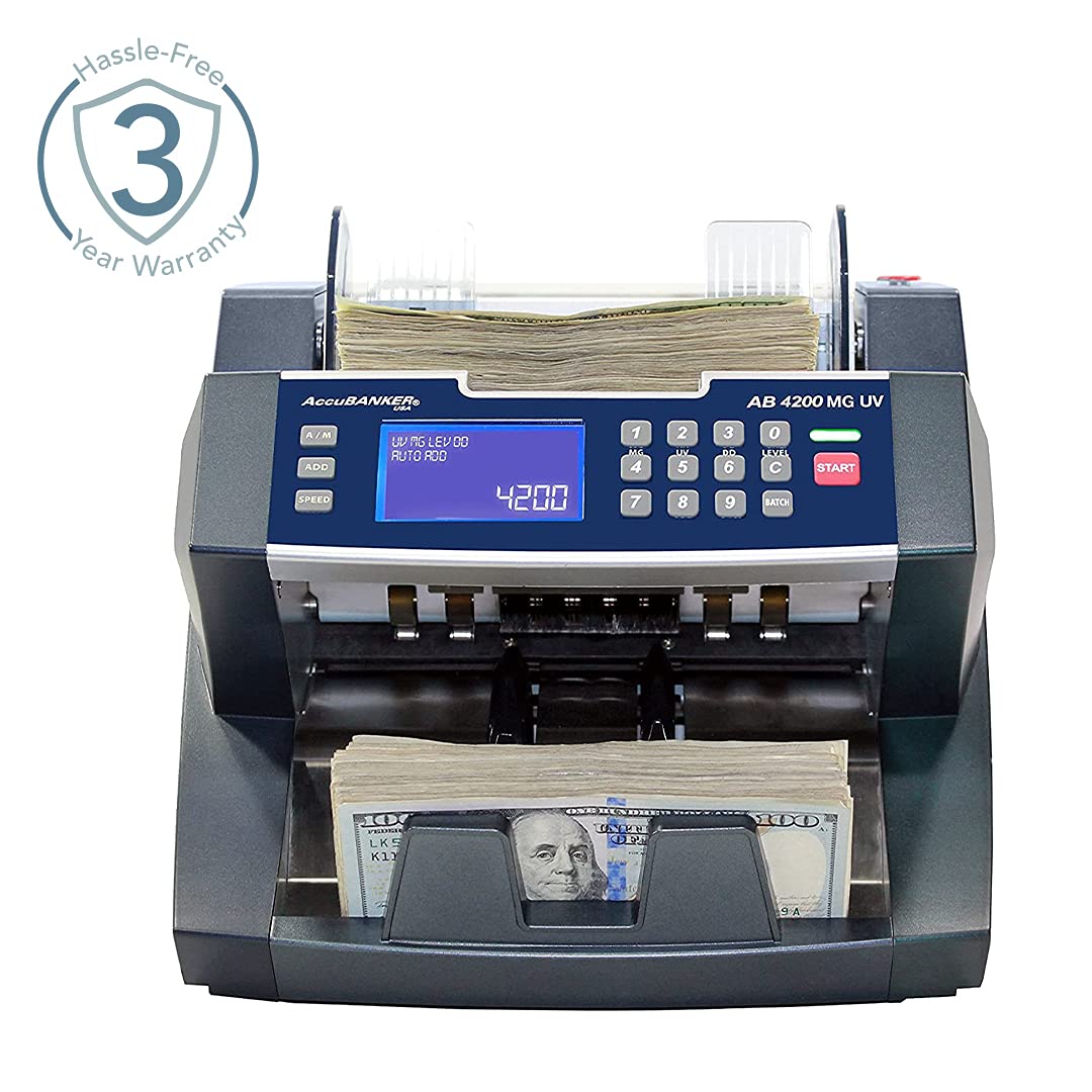 AccuBANKER AB4200MGUV Bill Counter Machine, 300 Bills Hopper Capacity Variable Counting Speeds up to 1,800 Bills/Min with 3-Point Counterfeit Detector Magnetic Ultraviolet, Commercial Grade, UL & CE
