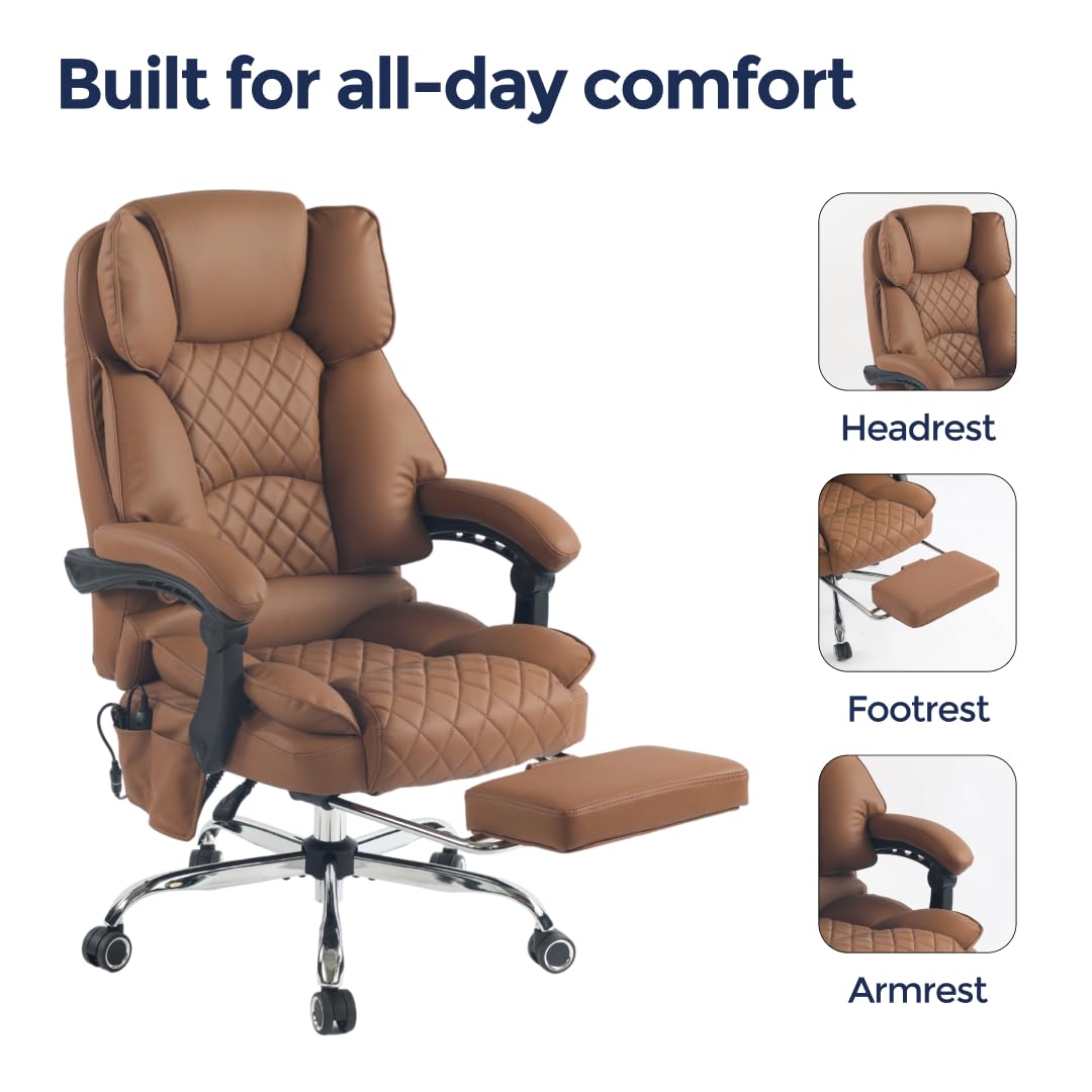 Ergonix Massage Office Chair with 2-Point Kneading & Heat | Reclining Ergonomic Executive Desk Chair | Adjustable Height Footrest Lumbar Support | 500 lbs Capacity | Dark Brown Leather