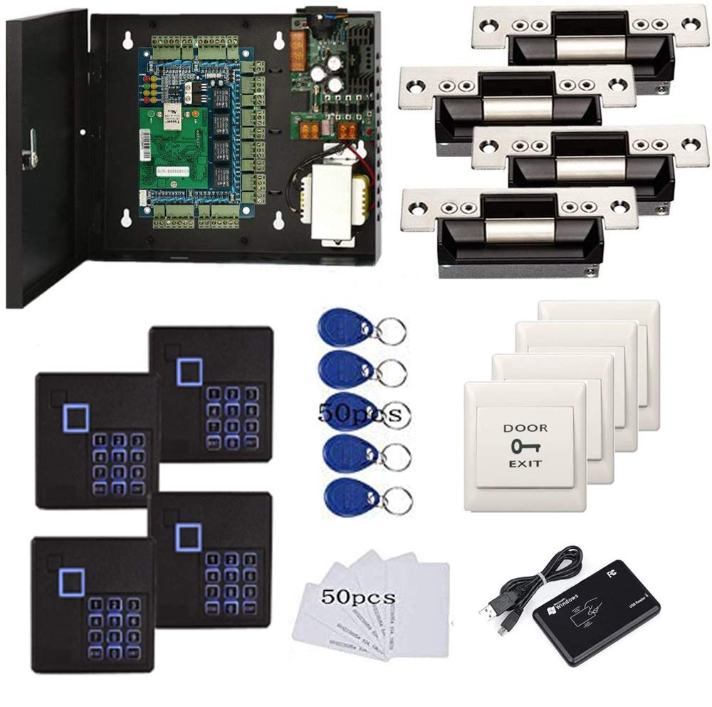 4 Doors RFID/Password Door Lock System Smart Access Control Keyless Entry Systems Keypad Reader Electric Magnetic Lock 110V Power Supply Box (Phone APP Remote Open Door)