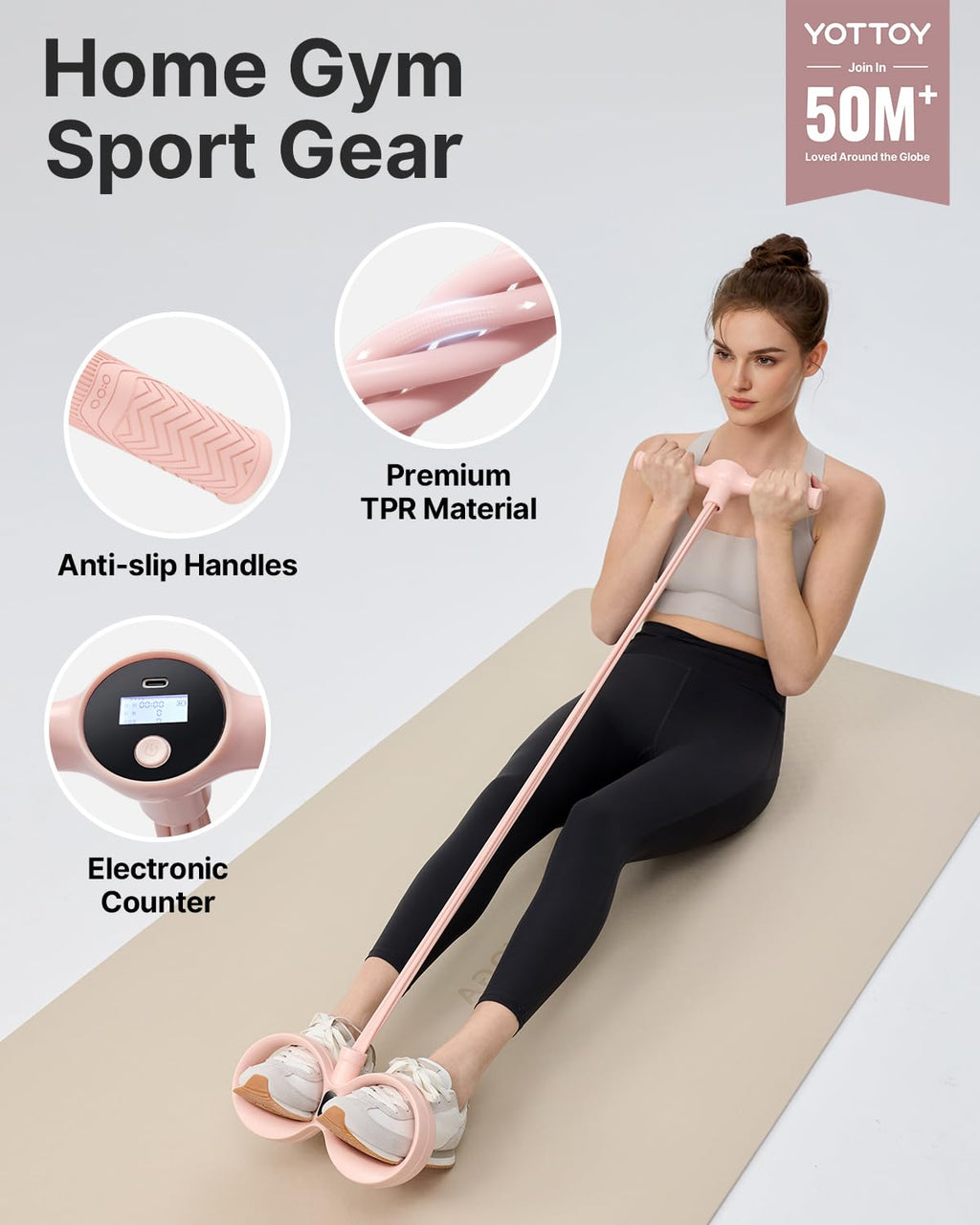 YOTTOY Smart Foot Pedal Puller with Digital Counter, Pedal Puller Resistance Band System with Handles for Full Body Stretching Yoga Home Workout
