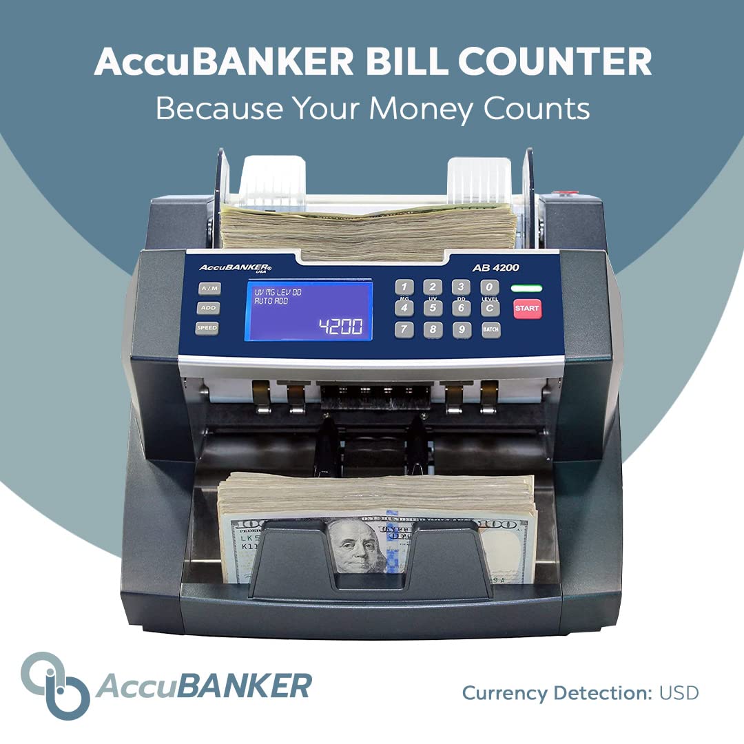 AccuBANKER AB4200MGUV Bill Counter Machine, 300 Bills Hopper Capacity Variable Counting Speeds up to 1,800 Bills/Min with 3-Point Counterfeit Detector Magnetic Ultraviolet, Commercial Grade, UL & CE