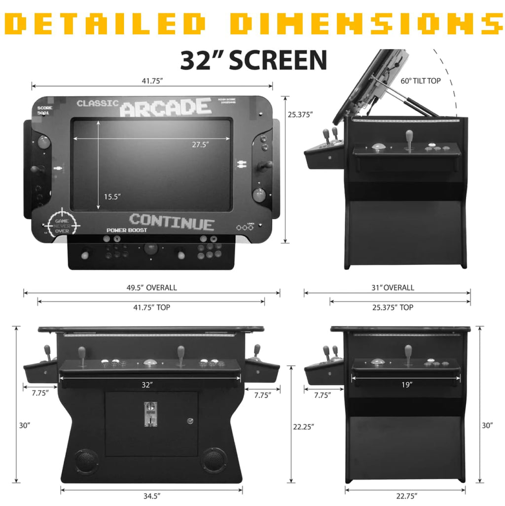 Creative Arcades Full Size Commercial Grade Cocktail Arcade Machine w/Lifting Screen | Trackball | Three-Sided | 4 Sanwa Joysticks | 2 Stools (4500 Games & 32" Screen & Woodgrain Edition)