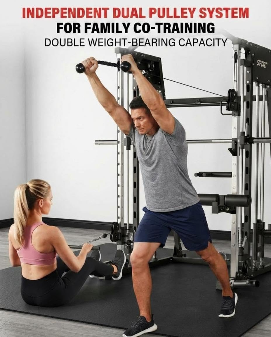 Smith Machine Home Gym, 2200LB Power Cage with Dual Pulley Cable Systems, LAT Pull-Down, Leg Hold-Down & 20+ Attachments for Full Body Workouts