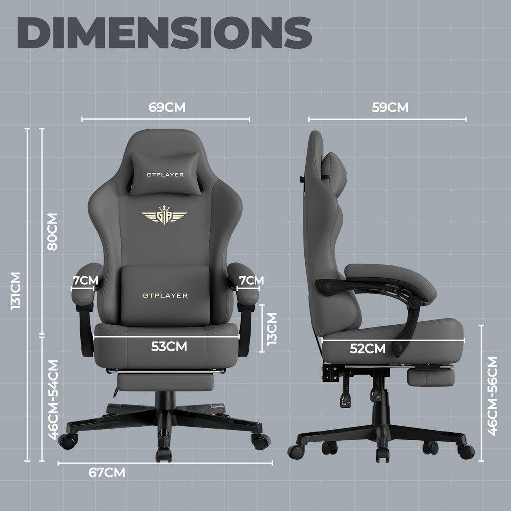 GTPLAYER Gaming Chair with Pocket Spring Cushion, Big and Tall Gamings Chairs 350LBS High Back Computer Chair with Footrest for Adults Lumbar Support Swivel Game Chair for Office,Leather Black-Massage