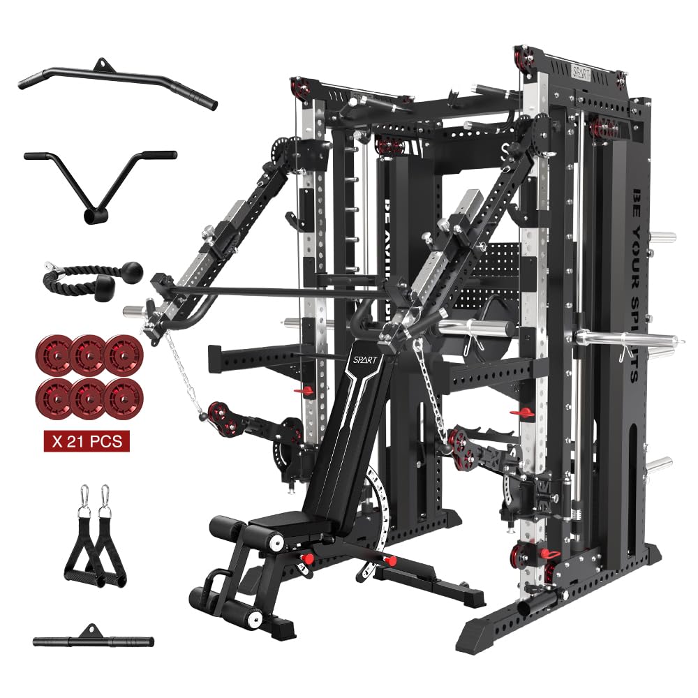 Commercial Smithe Machine with Weight Stack, All-in-One Power Cage Squat Rack Home Gym System with Leg Press Attachment & Cable Crossover, Multi-Functional Trainer with Dual Pulley System for Home Gym