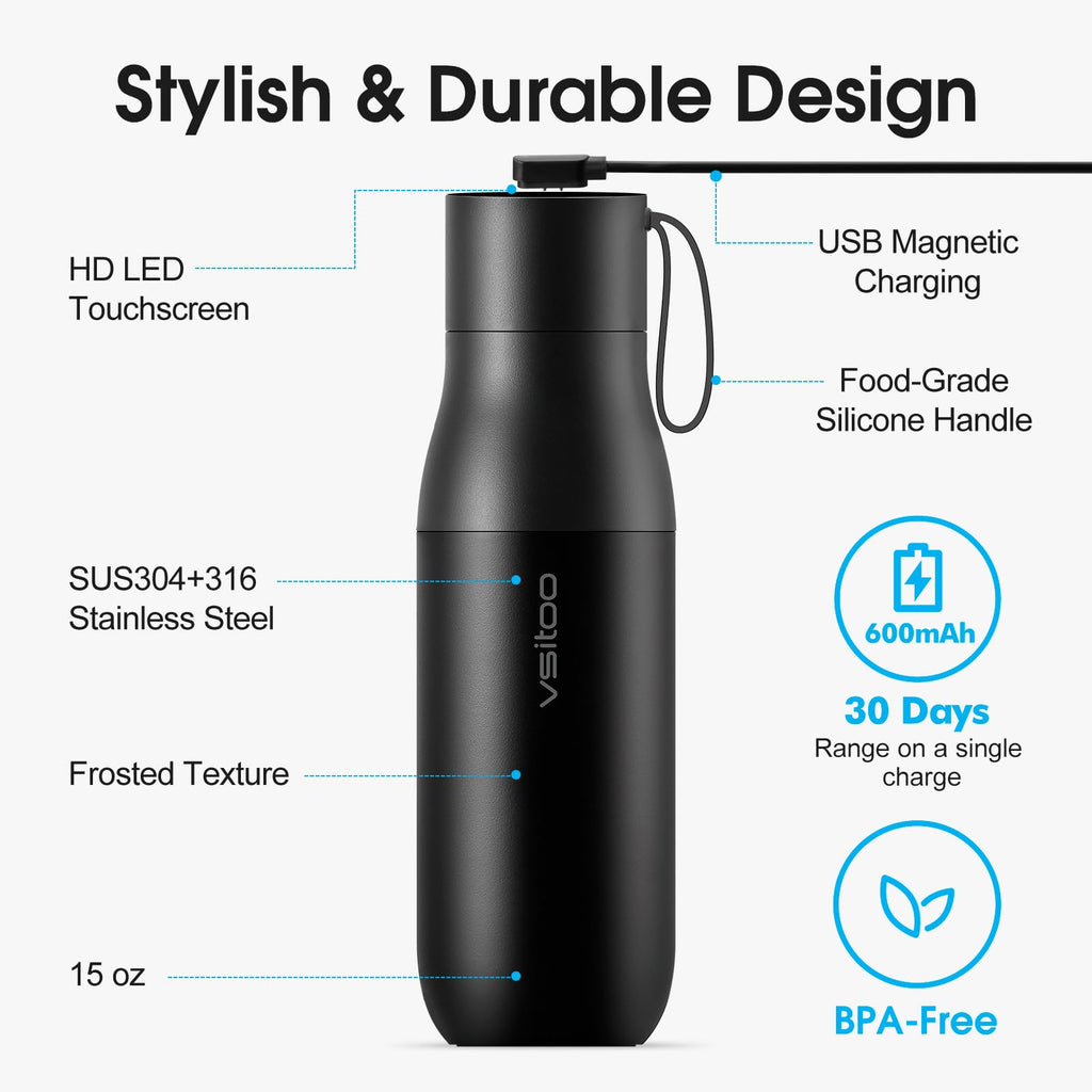 VSITOO 15oz Mini Smart Water Bottle，Self-Cleaning Insulated Bottle, Small Thermoses with AI, App & Touchscreen, Perfect Purse Water Bottle for Travel, Gym & Office, Pink