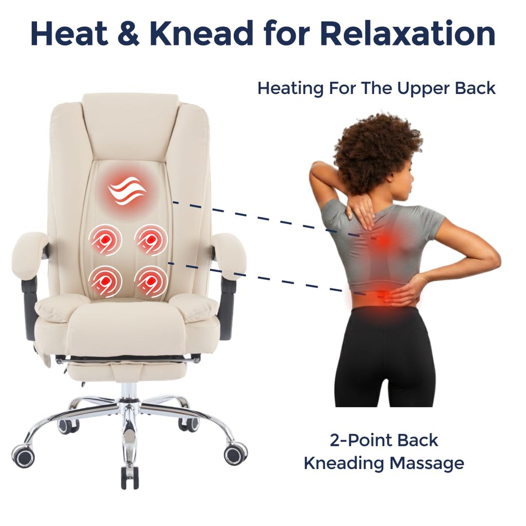 Orbis 4-Point Kneading Heated Massage Office Chair with Foot Rest | 500lbs Big & Tall Ergonomic Executive Desk Chair for Heavy People | Reclining Home Office Computer Chair | Leather Caramel