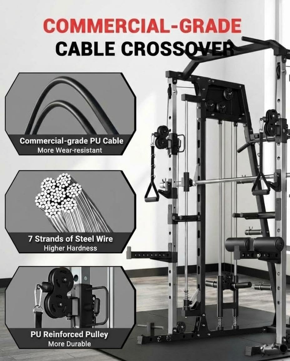 Smith Machine Home Gym, 2200LB Power Cage with Dual Pulley Cable Systems, LAT Pull-Down, Leg Hold-Down & 20+ Attachments for Full Body Workouts