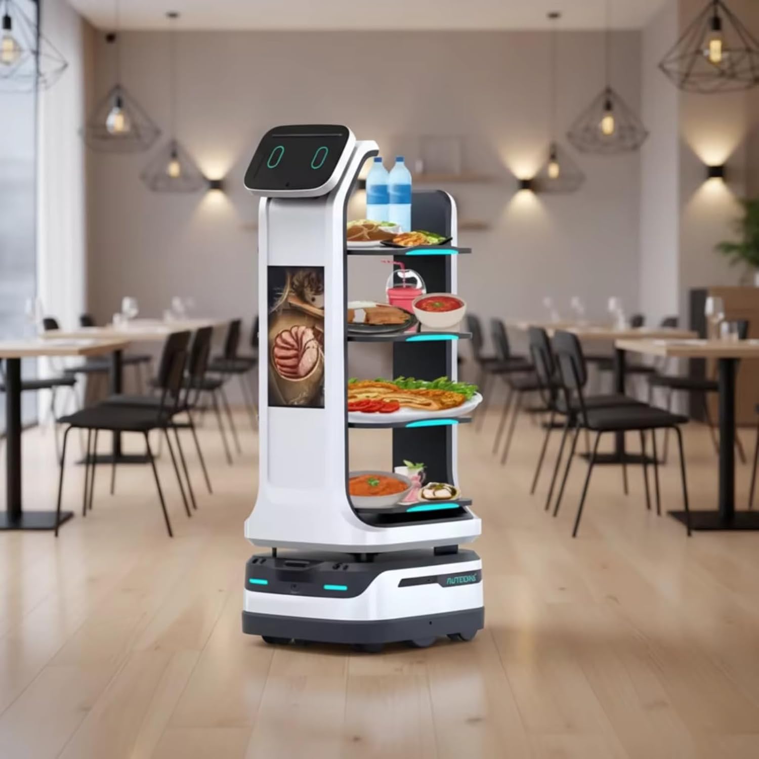 Interactive Smart Waiter Robot for Restaurants – Food & Drink Delivery, Large Tray Capacity, Autonomous Indoor Navigation, Automatic Obstacle Avoidance, Self-Charging, Contactless Meal Serving