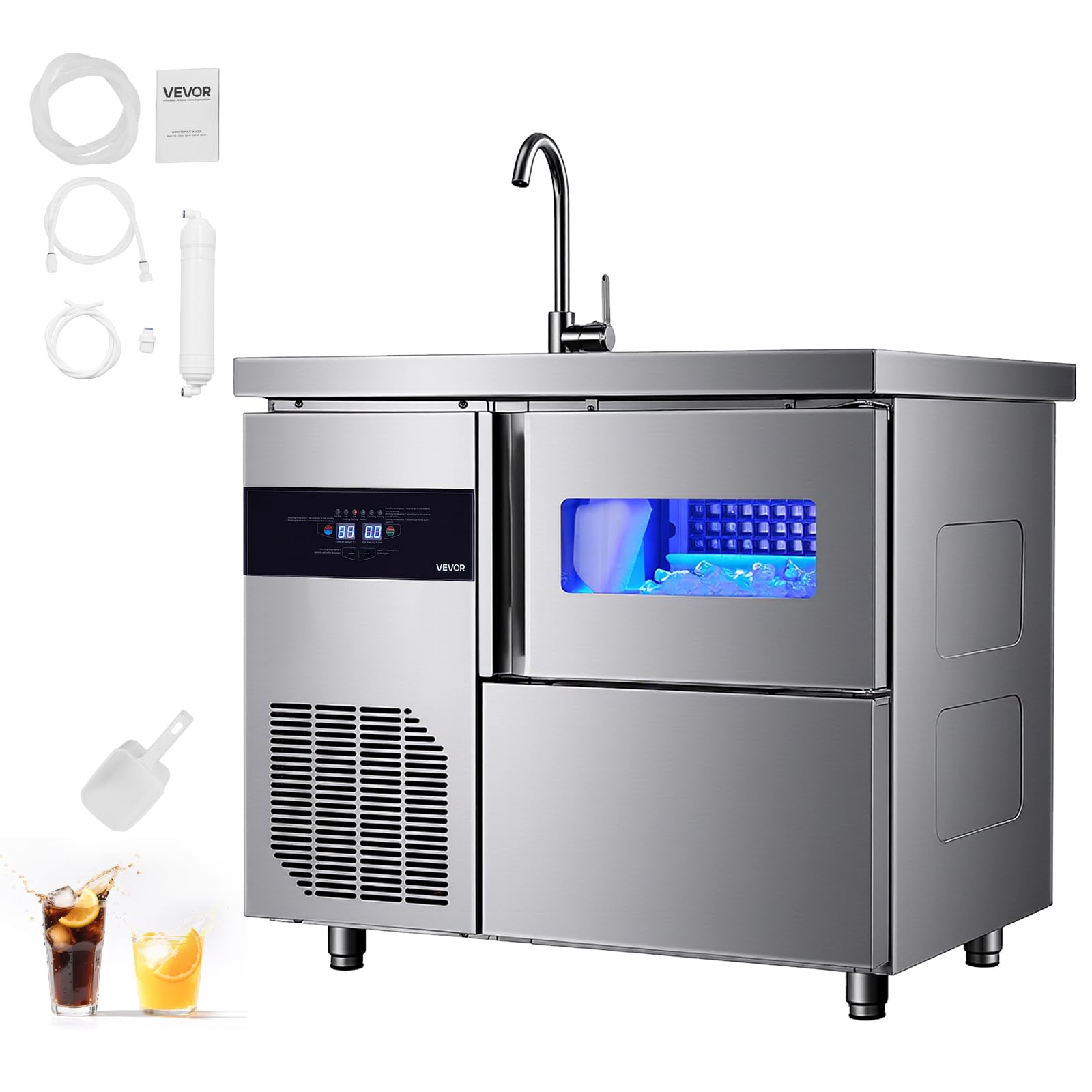 VEVOR Commercial Ice Maker Machine, 330 lbs/24H Stainless Steel Ice Machine with Worktop, 88 lbs Storage & 144 Cubes/Cycle, Self-Cleaning Freestanding Ice-Making for Home Bar Office Restaurant Kitchen